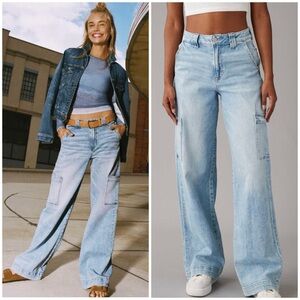 American Eagle Dreamy Drape Stretch Super High-Waisted Cargo Baggy Wide Leg Jean
